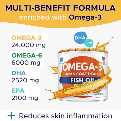 Omega 3 Fish Oil for Dogs (180Ct) - Skin&Coat Chews - Dry & Itchy Skin Relief + Allergy Support - Shiny Coat - EPA&DHA Fatty Acids - Salmon Oil Chews Promotes Heart - Peanut