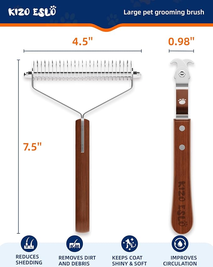 Extra Large 2-Sided Undercoat Rake for Dogs & Cats, Dog Brush for Shedding Remove Mats, Dematting Comb, Safe&Gentle Grooming Brush for German Shepherds Medium to Long-Haired Pets,Premium Wooden Handle