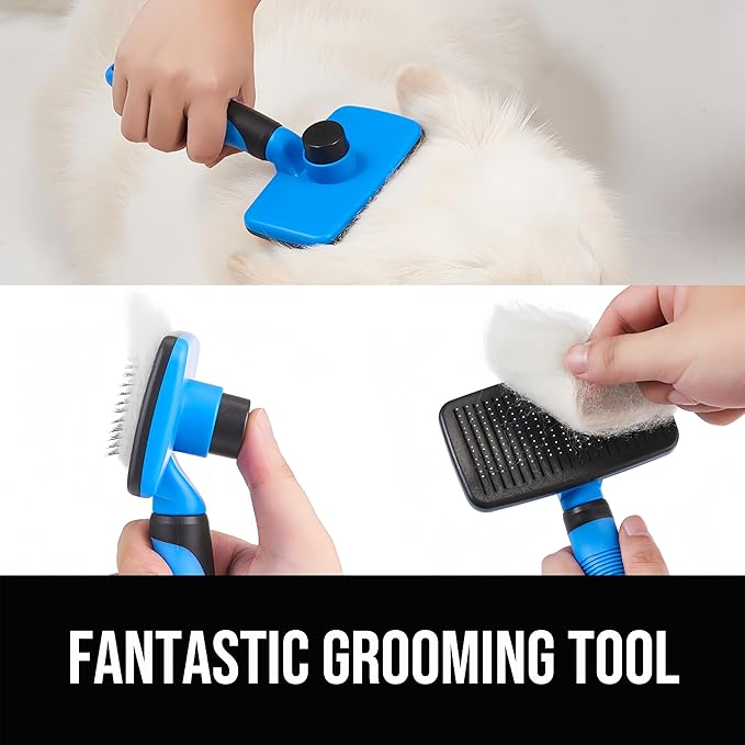 Design Patent Certificated Self Cleaning Slicker Brush for Dogs& Cats, Skin Friendly Grooming Dog& Cat Brush for Shedding and Deshedding, Pet Supplies Accessories,Blue