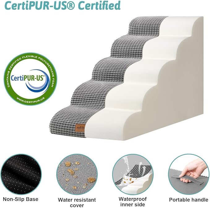 Dog Stairs for High Bed 22.6" H, Small Pet Steps with Leakproof Cover, High Density Foam Cat Ramp for Bed, Car or Couch, Lightweight, Durable, Comfort, 15.7x33x22.6 inch, 5 Tiers, Light Grey