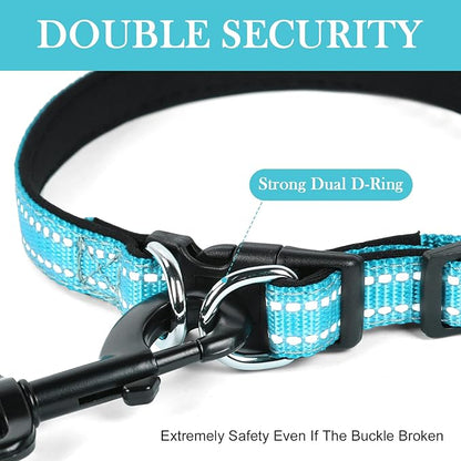 AUAUY Reflective Nylon Dog Collars, Adjustable Classic Pet Collars with Soft Neoprene Padding, Double Security Dual D-Ring and Quick Release Buckle for Small Puppy, Medium and Large Dogs (Lake Blue-S)