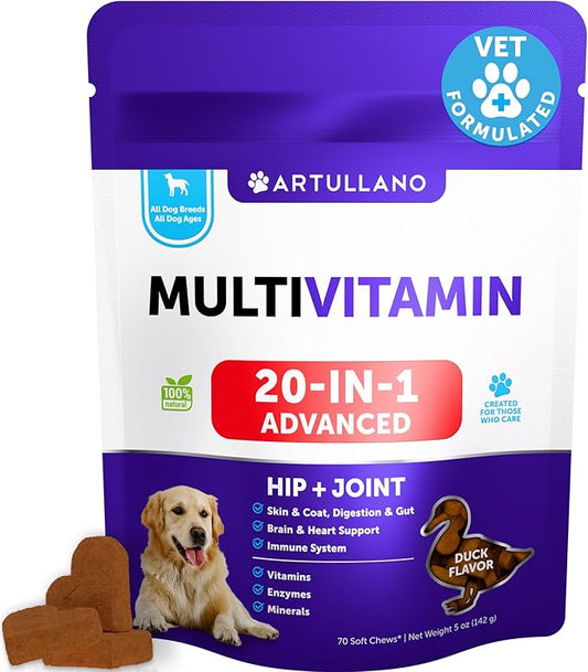 20 in 1 Dog Multivitamin with Glucosamine - Chewable Dog Vitamins and Supplements - Senior & Puppy Multivitamin Chews for Pet Hip & Joint Support, Immunity, Mobility, Skin, Digestion - 70 Soft Treats