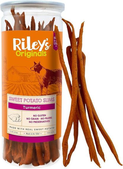 Riley's Slims Dried Sweet Potato Dog Treats - Dehydrated Chews with Turmeric - Limited Ingredient USA Sourced Sweet Potato - Made in The USA - 7.5 oz