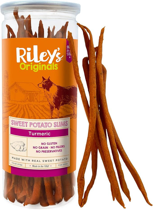Riley's Slims Dried Sweet Potato Dog Treats - Dehydrated Chews with Turmeric - Limited Ingredient USA Sourced Sweet Potato - Made in The USA - 7.5 oz