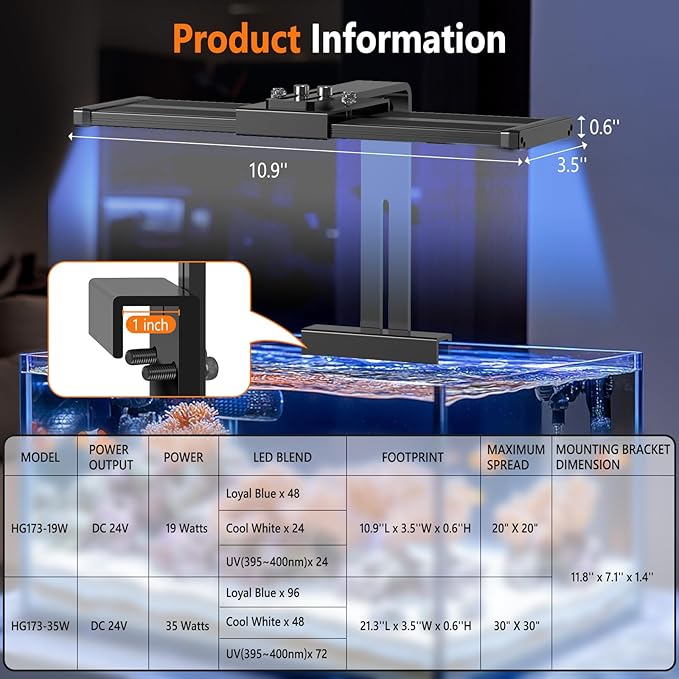 hygger LED Saltwater Aquarium Light, 24/7 Mode Nano Tank Reef Light for Coral, Refugium Light with White, Blue, U-V LEDs Dimmer Timer Moonlight Mounting Bracket 2 Metal Legs 11'' Long 19W