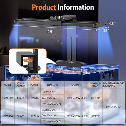 hygger LED Saltwater Aquarium Light, 24/7 Mode Nano Tank Reef Light for Coral, Refugium Light with White, Blue, U-V LEDs Dimmer Timer Moonlight Mounting Bracket 2 Metal Legs 11'' Long 19W