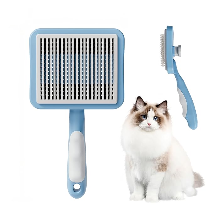 Cat Brush with One-Click Button, Cat Brushes for Indoor Cats Sheddingï¼_elf Cleaning Slicker Cat Brush for Shedding Massaging Grooming, Suitable for Long Short Haired Pets, Comfortable/Easy to Clean
