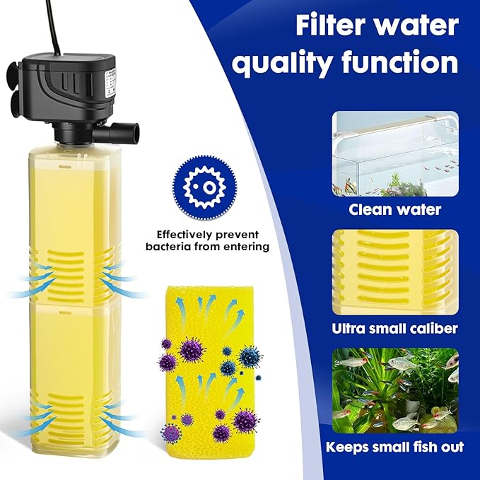 320 GPH Aquarium Filter lnternal Submersible Pump for 40 to 100 Gal Tanks ，Wave maker 4 in 1 ，Biochemical Filtration Powerful Pump/Pond Clear
