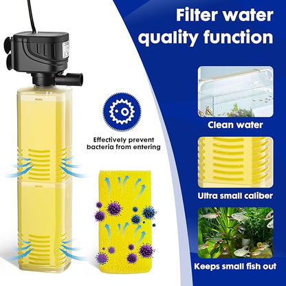 320 GPH Aquarium Filter lnternal Submersible Pump for 40 to 100 Gal Tanks ，Wave maker 4 in 1 ，Biochemical Filtration Powerful Pump/Pond Clear