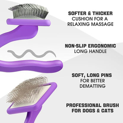 Dog Slicker Brush for Dogs Grooming Kit 4PCS | Large Dog Brush for Goldendoodles Poodles Doodles | Long Pin Haired Brush | Dog Bath Brushes Flea Comb(Purple)