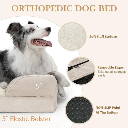 XL Dog Beds for Extra Large Dogs, Waterproof Orthopedic Dog Bed with Bolster, Washable Dog Bed Sofa with Removable Cover & Non-Slip Bottom(X-Large,Beige)