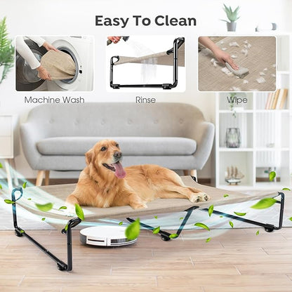 Veehoo Large Elevated Dog Bed with Flannel Dog Blanket, Outdoor Guardrail Raised Pet Cot for Extra Large Dogs, Anti-Slip Camping Dog Hammock Bed, Breathable Teslin Mesh Fabric, XXL, CWC2201B