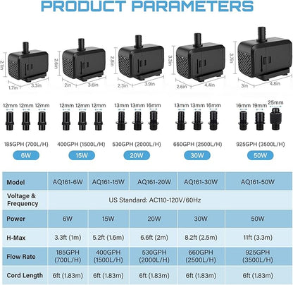 AQQA Submersible Aquarium Water Pump, Fountain Pump with Adjustable Flow,Dual-Suction Side/Bottom Intake,Ultra-Quiet Thermal Protection for Freshwater Saltwater Fish Tanks Pond Statuary Hydroponics15W