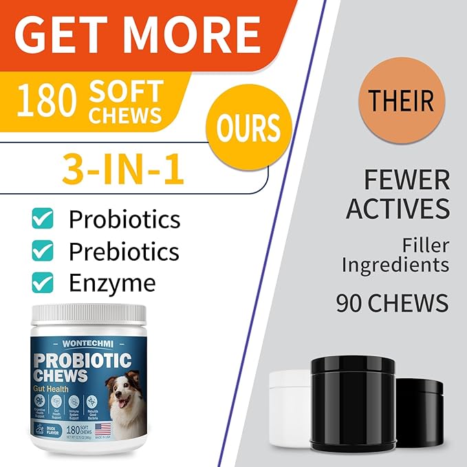 Probiotics for Dogs, Improve Itchy Skin Itchy Ears, Gut Health, Yeast Balance, Allergies, Immunity, Dog Probiotics and Digestive Enzymes with Prebiotics, Reduce Diarrhea (180 Chews, Duck)