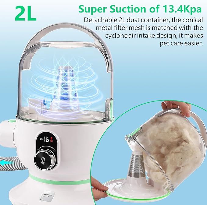 IDEALHOUSE Dog Hair Vacuum and Grooming Kit, 2L Dust Cup with 5 Grooming Tools, High Suction Power for Shedding Pet Hair, Low Noise for Stress-Free Grooming, Home Cleaning, White and Green