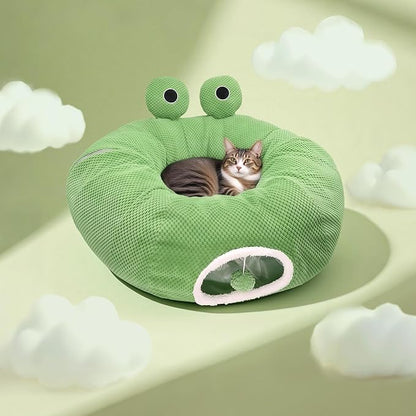 Cat Tunnel Bed for Indoor Cats, Peekaboo Cat Cave Bed,Soft Cat Donut Tunnel for Kitten Large Cats, Cute Frog Shaped