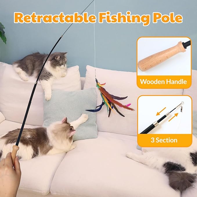 4-in-1 Interactive Cat Toys Set with 12 Pcs Replacements for Indoor Cats (Includes 1 Huge Feather)- Cat Fishing Pole Toy with Wooden Handle, Enhanced Suction Cup, Hanging Door Kitten Toys