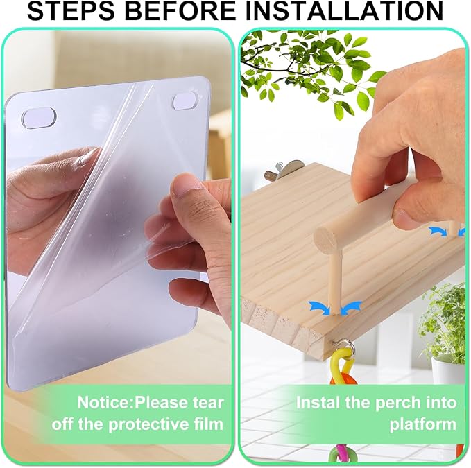 KyoukiBird Perch Platform Bird Toys with Bird Mirror Climbing Ladder Swing, Parakeet Cage Accessories - for Cockatiels, Lovebirds, Budgies,Pacific Parrotlets,Finch,Canaries - Wooden Play Gym