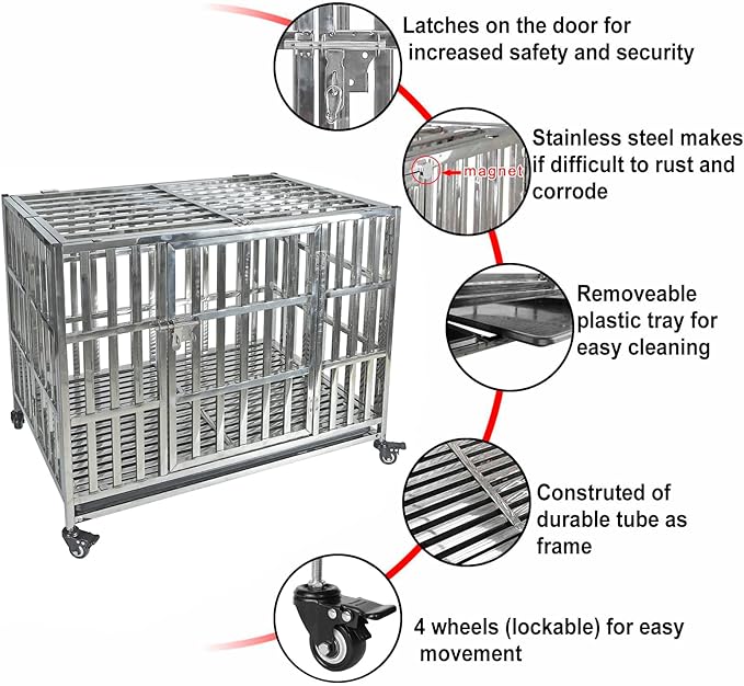 42 Inch Heavy Duty Dog Crates for Large Dogs, Stainless Steel Indestructible Dog Kennel Indoor, XL Large Dog Crate Cage with Lockable Rolling Wheels, Double Door and Removable Tray