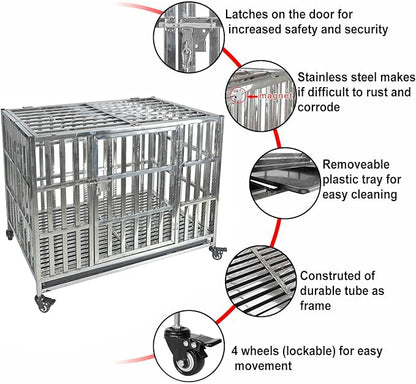 42 Inch Heavy Duty Dog Crates for Large Dogs, Stainless Steel Indestructible Dog Kennel Indoor, XL Large Dog Crate Cage with Lockable Rolling Wheels, Double Door and Removable Tray