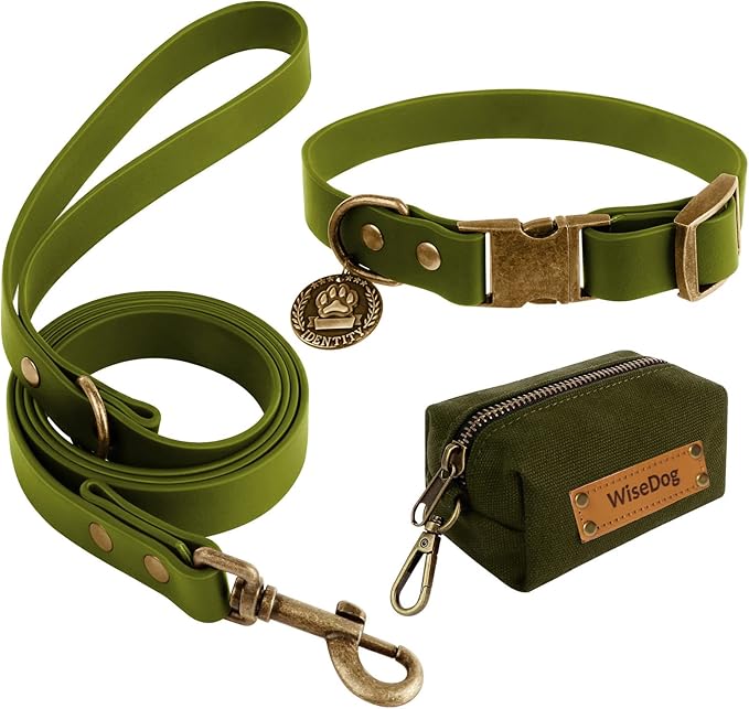 Wisedog Dog Collar and Leash Set, Waterproof Adjustable Puppy Collars with Cute Tag 6FT Dog Leash with Poop Bag for Small Medium Large Dogs (L, Green)