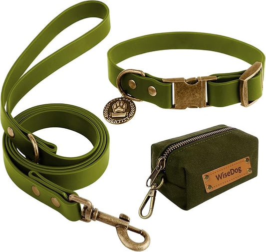 Wisedog Dog Collar and Leash Set, Waterproof Adjustable Puppy Collars with Cute Tag 6FT Dog Leash with Poop Bag for Small Medium Large Dogs (L, Green)