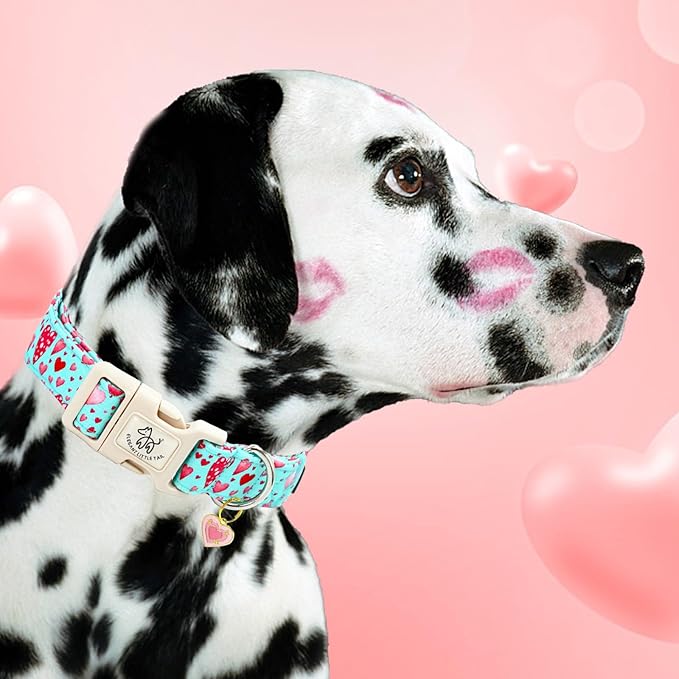 Elegant little tail Valentine's Day Dog Collar-Cute Pink Heart Dog Collar for Small Dogs, Female or Male Adjustable Cotton Pet Collar with Quick Release Buckle for Small Medium Large Dogs