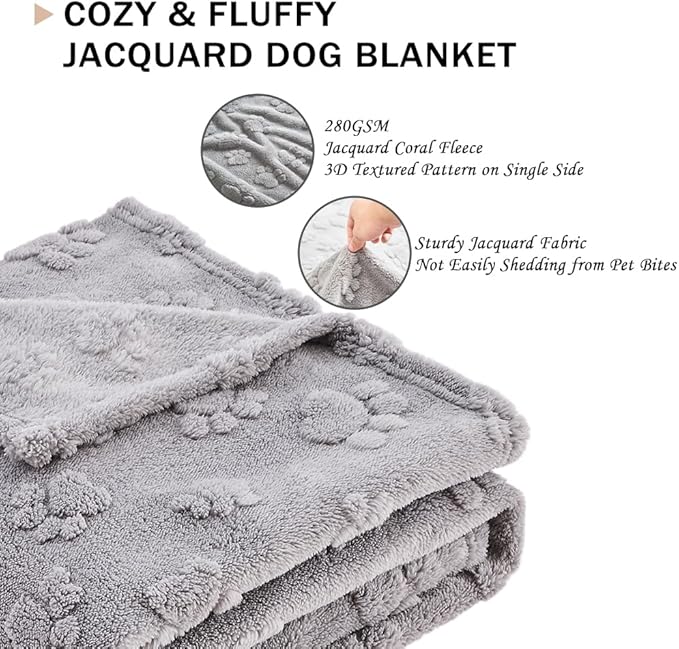 Qeils Jacquard Dog Blankets for Large Dogs, Cozy Calming Cat Blankets Washable, 280GSM Coral Fleece Plush Fluffy Throw Blanket, Grey Paws, 30x40IN