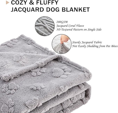 Qeils Jacquard Dog Blankets for Large Dogs, Cozy Calming Cat Blankets Washable, 280GSM Coral Fleece Plush Fluffy Throw Blanket, Grey Paws, 30x40IN