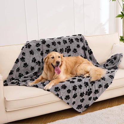 Qeils Jacquard Dog Blankets for Large Dogs, Cozy Calming Pet Blanket Washable for Couch Protection, 280GSM Coral Fleece Plush Fluffy Throw Blanket, Black Paws, 50x60IN