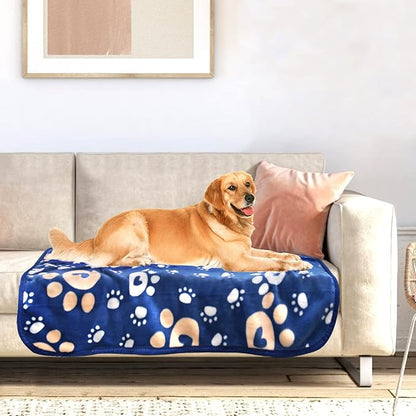 Dog Blanket, Soft Fleece Dog Blankets for Large Dogs, Fluffy Flannel Pet Cat Puppy Blanket Mat Cover for Bed Couch, Cute Paw Print Throw Blanket for Dogs, Blue 50"X40"