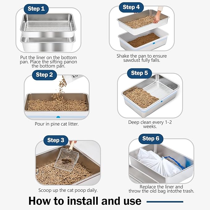 Stainless Steel Sifting Litter Box with Lid, Metal Litter Pan with Scoop for Big Cats Multi Cat, Extra Large Cats Litterbox Odor Control Easy Clean (23 * 15.4 * 6.9inch-Without Enclosure, X-Large)