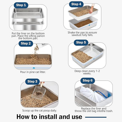 Stainless Steel Sifting Litter Box with Lid, Metal Litter Pan with Scoop for Big Cats Multi Cat, Extra Large Cats Litterbox Odor Control Easy Clean (23 * 15.4 * 6.9inch-Without Enclosure, X-Large)