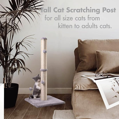 MECOOL 34“ Tall Cat Scratching Post Premium Basics Kitten Scratcher Sisal Scratch Posts Trees with Hanging Ball for Indoor Cats, Gray