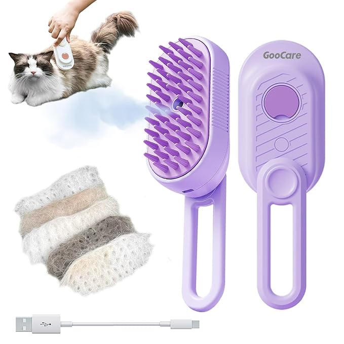 Enhanced 3-in-1 Cat Steam Brush With Larger Spray Misting, Long Steamy Comb for undercoat Shedding, Hair Removal & Cleaning, Water Brush for Indoor Long Hair Cat, Dog, Rabbit (Purple)