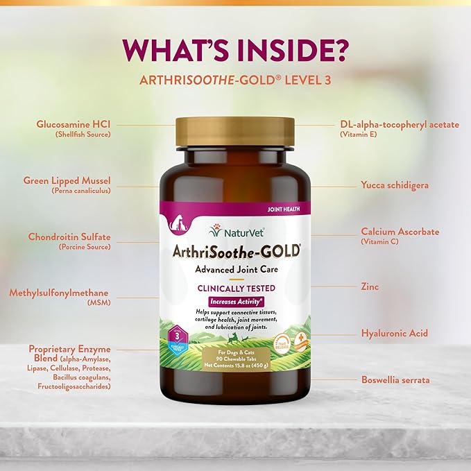 NaturVet  ArthriSoothe-GOLD  Level 3 Advanced Joint Care | Clinically Tested to Support Connective Tissue, Cartilage Health & Joint Movement | Enhanced with Glucosamine, MSM, Chondroitin & Green Lipped Mussel | For Dogs & Cats | 90 Chewable Tablets