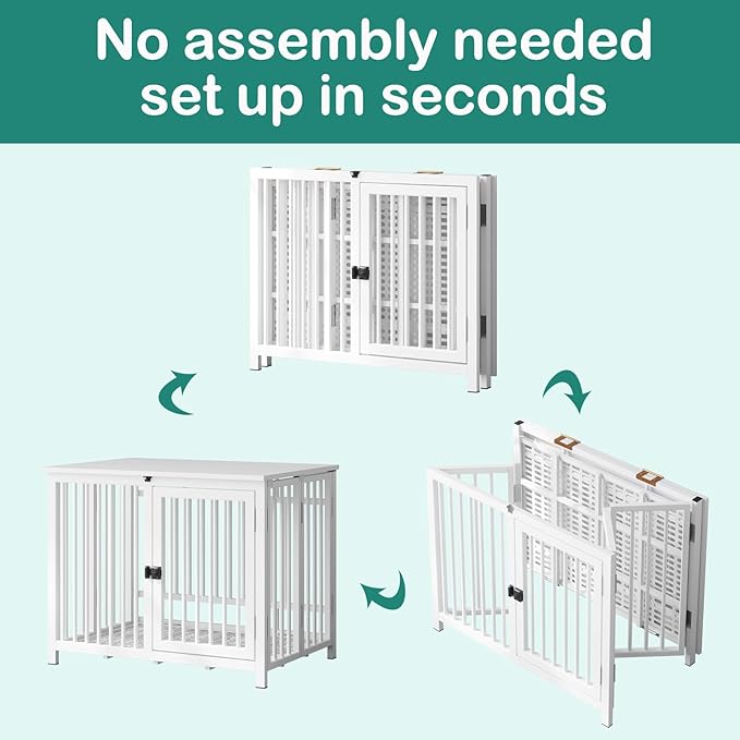Heavy Duty Dog Crate Furniture, Fully Assembled exc. Locks, All Metal Frame & Wooden Tabletop, Modern Kennel for Small Dog, End Table, Sturdy, Foldable, White