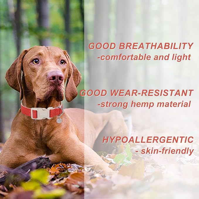 DOGWONG Cotton Hemp Dog Collar - Heavy-Duty Adjustable Soft Natural Fabric Pet Collar, Cute Fall Puppy Necklace for Small Medium Large Dogs (Orange)