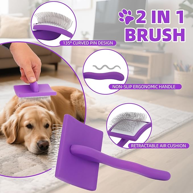 Dog Slicker Brush with Rake Comb, 2 in 1 Pet Grooming Brushes with Ergonomic Handle, Gentle Cleaning Massaging Brush for Cats Dogs