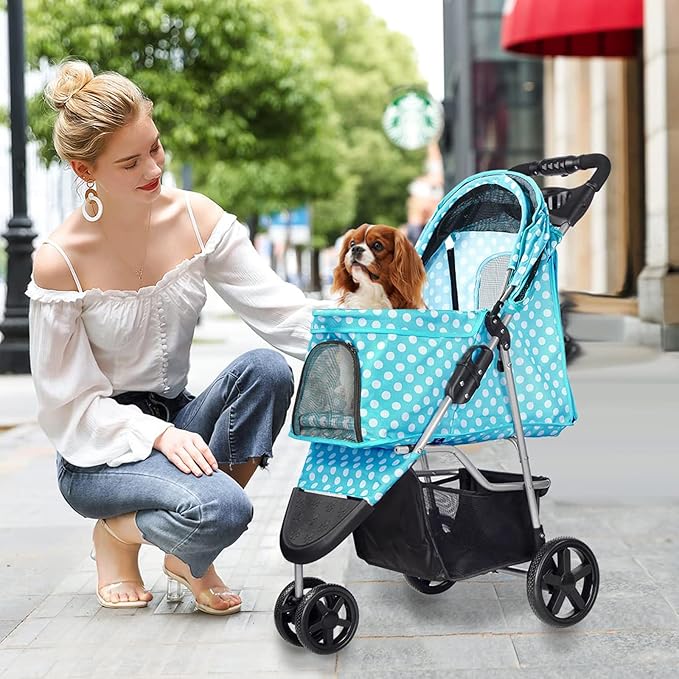Dog Stroller for Small Dogs, Portable Pet Stroller for Cats Folding Puppy Stroller Lightweight Dog Cat Cage Jogger Stroller with Storage Basket and Cup Holder, 3 Wheels, Polka Blue
