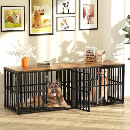 Dog Crate Furniture for 2 Dogs, 76 Wooden Dog Kennel with Divider, XXL Double Dog Crate Furniture Large Breed with 4 Doors, Dog Cage End Table Indoor for Large & Medium Dogs, Black