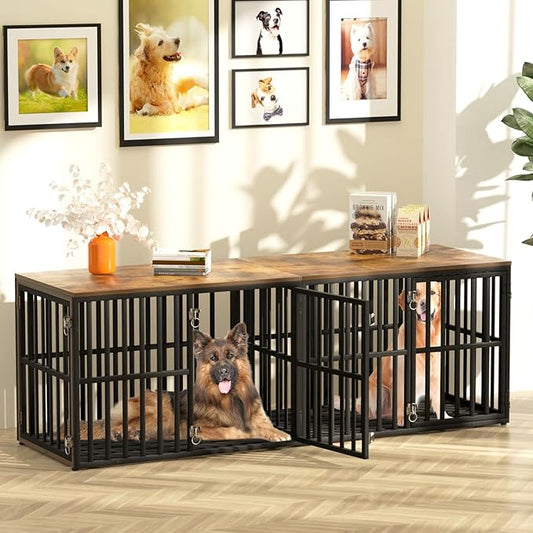 Dog Crate Furniture for 2 Dogs, 76 Wooden Dog Kennel with Divider, XXL Double Dog Crate Furniture Large Breed with 4 Doors, Dog Cage End Table Indoor for Large & Medium Dogs, Black
