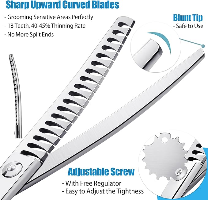 6.5" Upward Curved Dog Chunker Dog Grooming Thinning Scissors Professional Blending Texturizing Trimming Shears for Dog Cat Pet Japanese Stainless Steel Silver