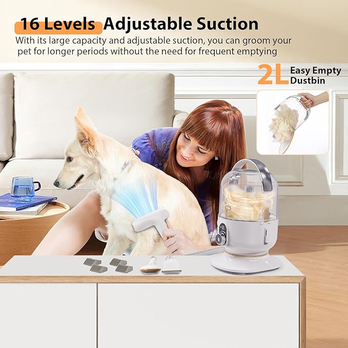 Dog Hair Vacuum & Pet Grooming Kit, 5 in 1 Pet Grooming for Dogs Cats, 2L Large Capacity Pet Hair Vacuum, Low Noise Dog Hair Vacuum for Shedding Pet Hair, Home Cleaning, White