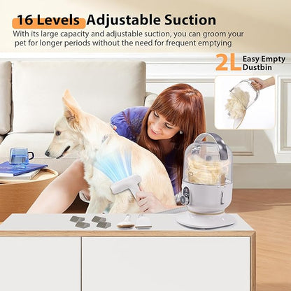 Dog Hair Vacuum & Pet Grooming Kit, 5 in 1 Pet Grooming for Dogs Cats, 2L Large Capacity Pet Hair Vacuum, Low Noise Dog Hair Vacuum for Shedding Pet Hair, Home Cleaning, White