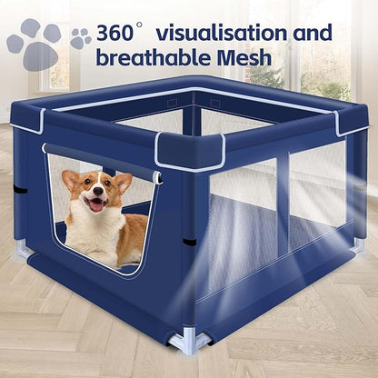 42x42x25.6 Inches Dog Playpen, Foldable Portable Soft Puppy Playpen with Gate, Thickened Fabric Mesh Dog Fence with High-Strength Nylon Wire Mesh, Indoor Outdoor Breathable Exercise Pet Fence Cage
