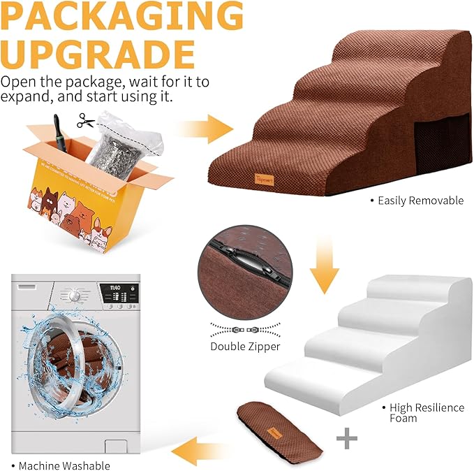 Topmart Wider High Density Foam Dog Steps 4 Tiers,Extra Wide Deep Pet Steps,Non-Slip Pet Stairs with Waterproof Cover,Soft Foam Dog Ladder,Best for Older Dogs Injured,Older Pets,Cats with Joint Pain