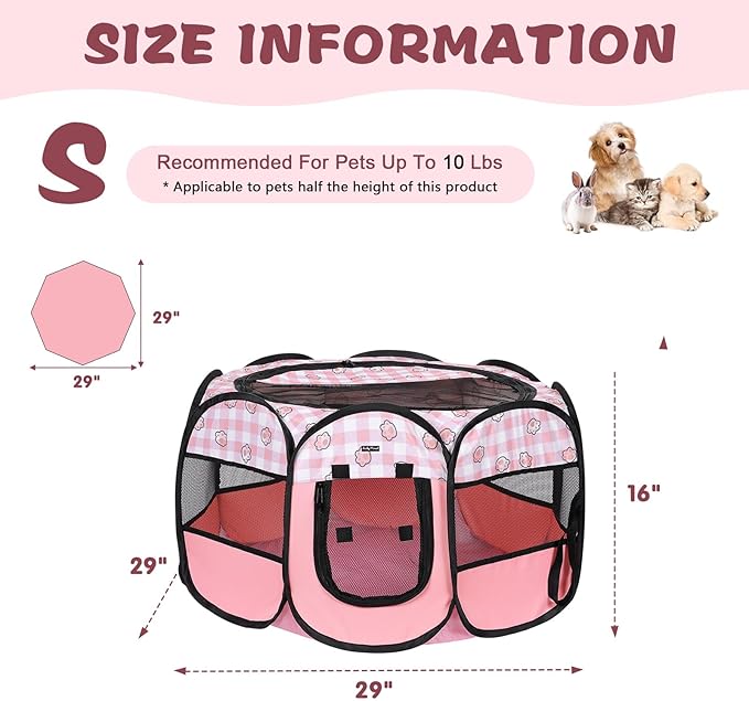 Lucky Monet Foldable Dog Playpen Cat Puppy Playpen Indoor Pop Up Pet Animal Playpen Outdoor Kennel Cage Pen Tent for Small Medium Dog Puppy Cat Kitten Rabbit - Small, Pink