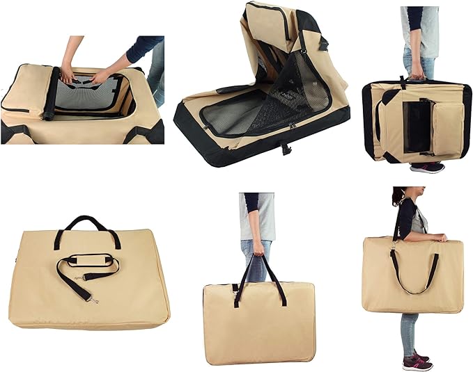 EliteField 3-Door Folding Soft Dog Crate with Carrying Bag and Fleece Bed (2 Year Warranty), Indoor & Outdoor Pet Home (30" L x 21" W x 24" H, Beige)