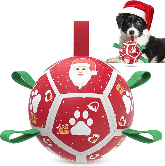 QDAN Christmas Dog Toys Soccer Ball with Straps, Outdoor Interactive Dog Toys for Tug of War, Puppy Birthday Gifts, Dog Tug Toy, Dog Water Toy, Durable Dog Balls for Small Dogs（5 Inch）